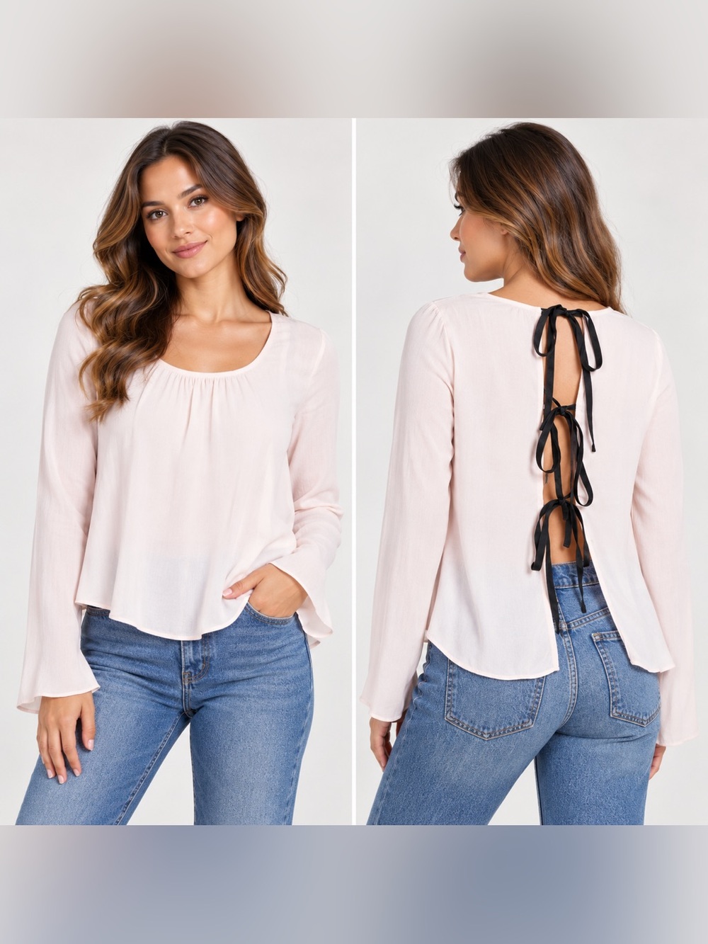 Free People Aarabella Satin Top Blush Pink Long Sleeve Blouse Bow Flowy Size S